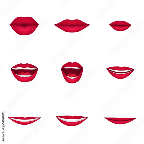 Cartoon realistic 3d cute talking mouths lips for cartoon character animation. Various open woman mouth options with lips, tongue and teeth in red lipstick. Fashion glamour kiss for Valentine day. 