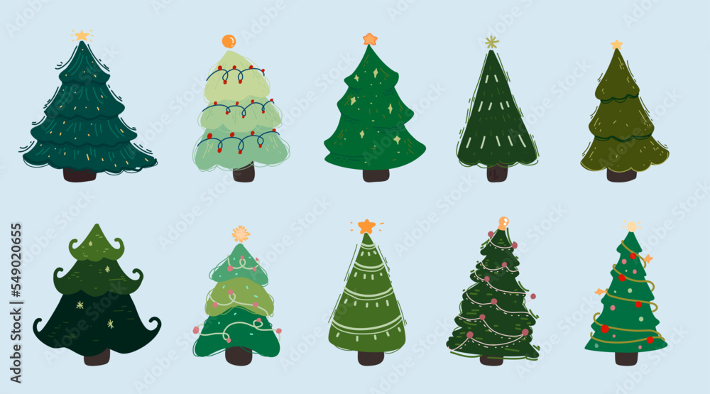 Vector set of cartoon Christmas trees, pines for greeting card, invitation, banners, web. New Years and Xmas traditional symbol tree with garlands, light bulb, star. Winter holiday. Icons collection.