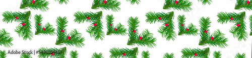 Panorama pattern of green yew branches with red berries on a white background.