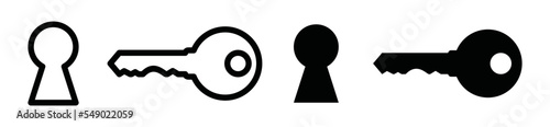 Key hole icon set. Key and keyhole in flat and outline style. Door lock symbol, vector illustration