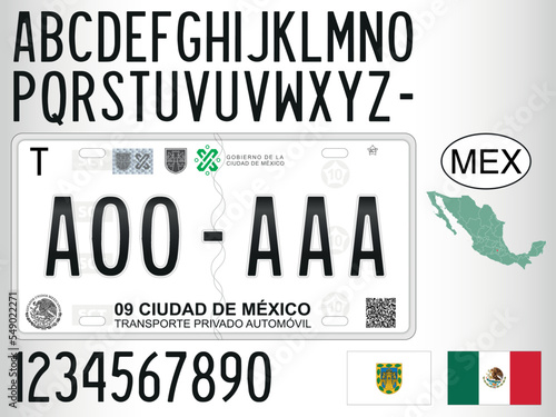 Mexico, license plate of Mexico City with numbers, letters and symbols, vector illustration