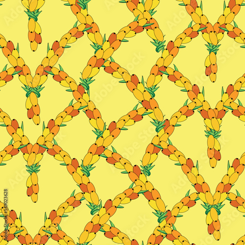 Sea buckthorn seamless pattern. Twigs with berries and leaves. Template with orange fresh berries for wallpaper