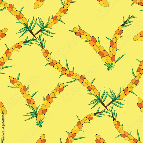 Sea buckthorn seamless pattern. Twigs with berries and leaves. Template with orange fresh berries for wallpaper