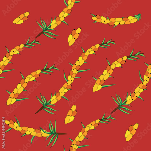 Sea buckthorn seamless pattern. Twigs with berries and leaves. Template with orange fresh berries for wallpaper