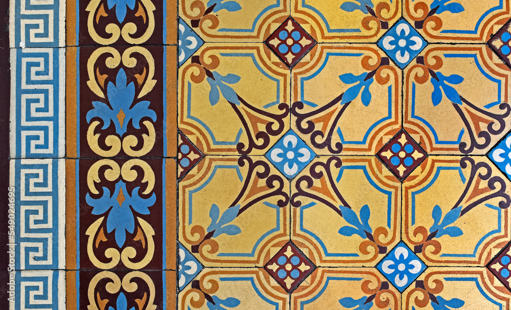 Ancient hydraulic tiles on floor in Pertropolis, Rio de Janeiro, Brazil