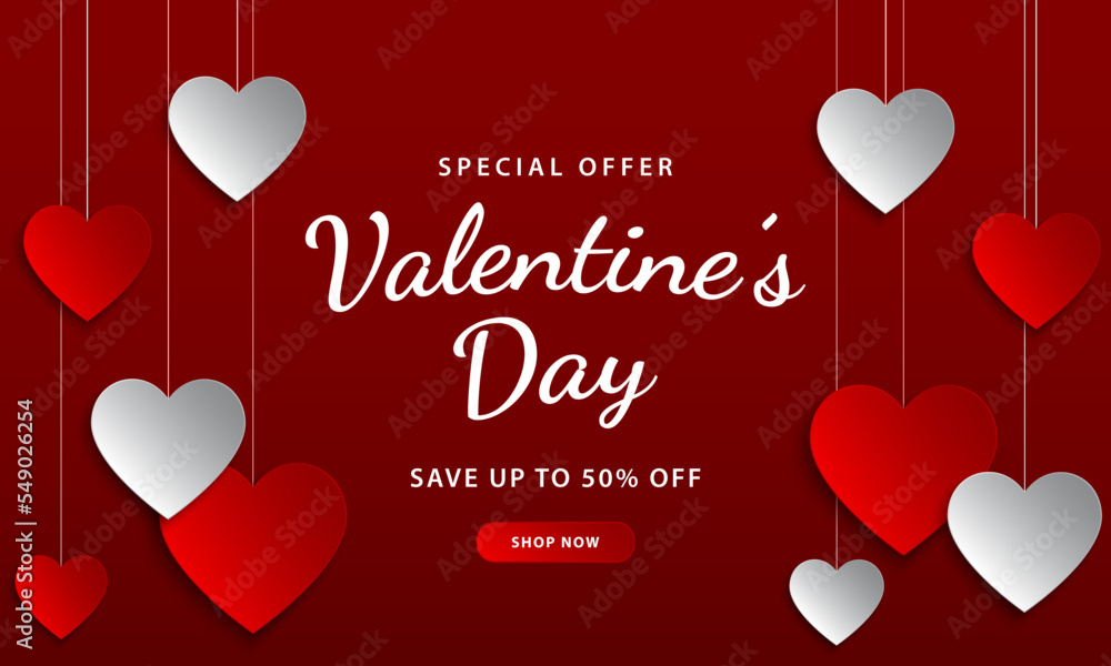 Valentines day sale banner. Sale discount text with hanging paper heart elements for shopping promotion. Vector illustration Valentines day sale banner. Sale discount text with hanging paper heart elements for shopping promotion. Vector illustration