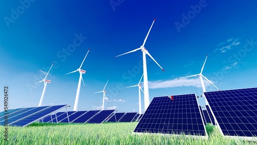 Panoramic view of wind farm or wind park, with high wind turbines for generation electricity with copy space. green energy concept. 3d rendering.