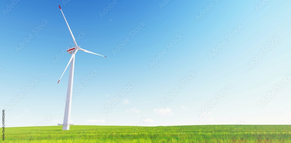 Fototapeta premium Panoramic view of wind farm or wind park, with high wind turbines for generation electricity with copy space. green energy concept. Windmills in the on a beautiful bright day. 3d rendering.
