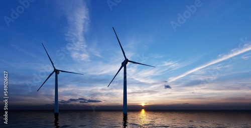 Closeup Wind power station. Wind generators stand in ocean. Wonderful landscape shot from a great height. Modern green energy. Aerial view. 3d rendering.