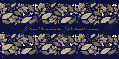 Horizontal Seamless Vector Border with Golden Branches and Leaves on Dark Blue background