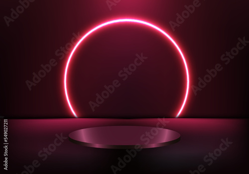 3D realistic podium pedestal with glow spotlight and blank display red neon light circle backdrop on dark background