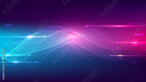 Abstract technology digital futuristic concept wavy motion lines blue and pink neon lighting effect decoration geometric elements on dark blue background