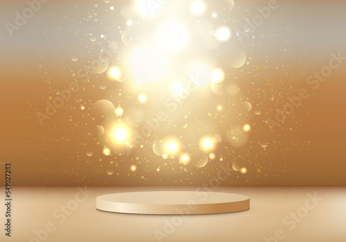 3D gold podium pedestal empty decoration with golden glitter lights background luxury style