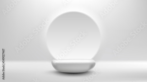 3D realistic empty white stone podium pedestal minimal wall scene circle backdrop