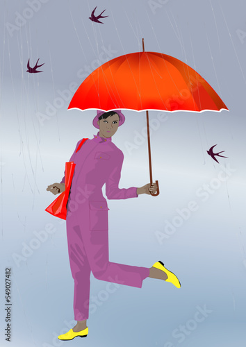 Dame onder paraplu in de regen met vogels, Lady under umbrella in the rain with birds