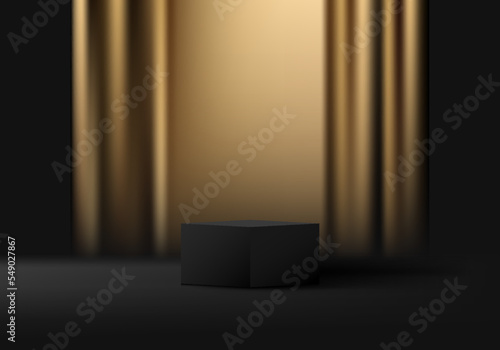 3D realistic black podium platform pedestal cube shape with gold curtain backdrop on dark background luxury style