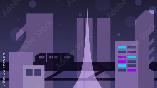 Flat Illustration Conceptual art of Modern Metropolis Buildings at Night, with Running Train