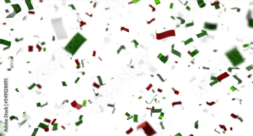 Green, red and white ribbons for national holiday, Italy state symbols, 3d rendering. Digital illustration of confetti stripes in Italian flag colors