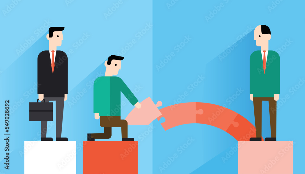Teamwork, collaboration and cooperation concept. Group of young people business colleagues cartoon characters fixing pieces of one puzzle together as team members vector illustration Teamwork, collaboration and cooperation concept. Group of young people business colleagues cartoon characters fixing pieces of one puzzle together as team members vector illustration