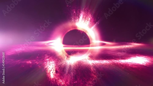 Artistic interstellar supermassive Black Hole in outer space. Astronomy concept 3D animation loop. Orbiting mystery particles and wormhole accretion disk warping the event horizon of time and gravity. photo