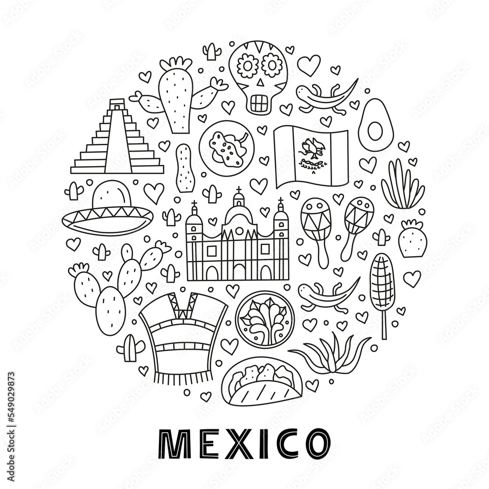 Mexican poster with national landmarks, food and attractions. Mexican poster with national landmarks, food and attractions.