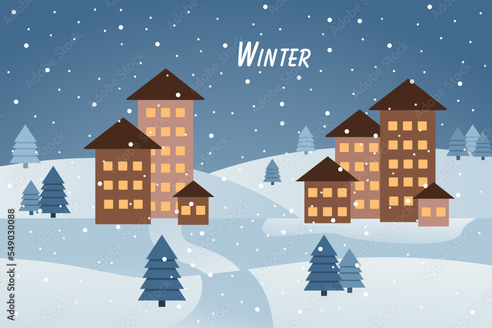Winter vector illustration in flat style. Night, houses, snow, Christmas trees. Design for postcard or poster.