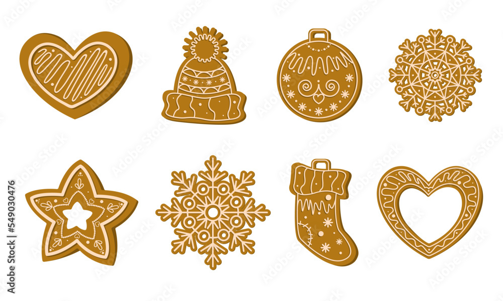 Gingerbread Cookie. Winter homemade sweets in the form of an asterisk, hearts, a New Year's toy, snowflakes, a hat and a Christmas sock. Flat, cartoon vector illustration. Gingerbread Cookie. Winter homemade sweets in the form of an asterisk, hearts, a New Year's toy, snowflakes, a hat and a Christmas sock. Flat, cartoon vector illustration.