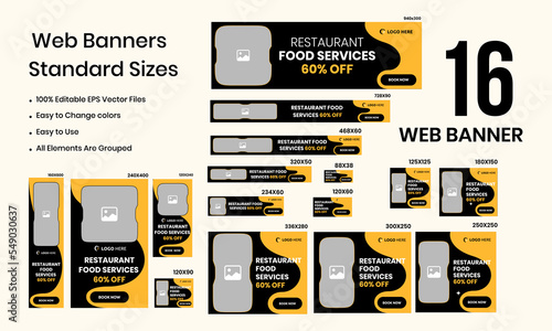 Food delivery service web banner design for social media posts, food ads web set banner templates