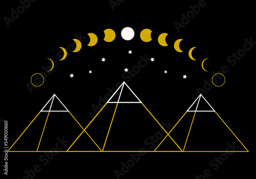 Three yellow egypt ancient pyramid of giza are egyptian pharaoh tomb traingle outline with curve moon different phases or lunar phase and white stars on black background vector design icon.