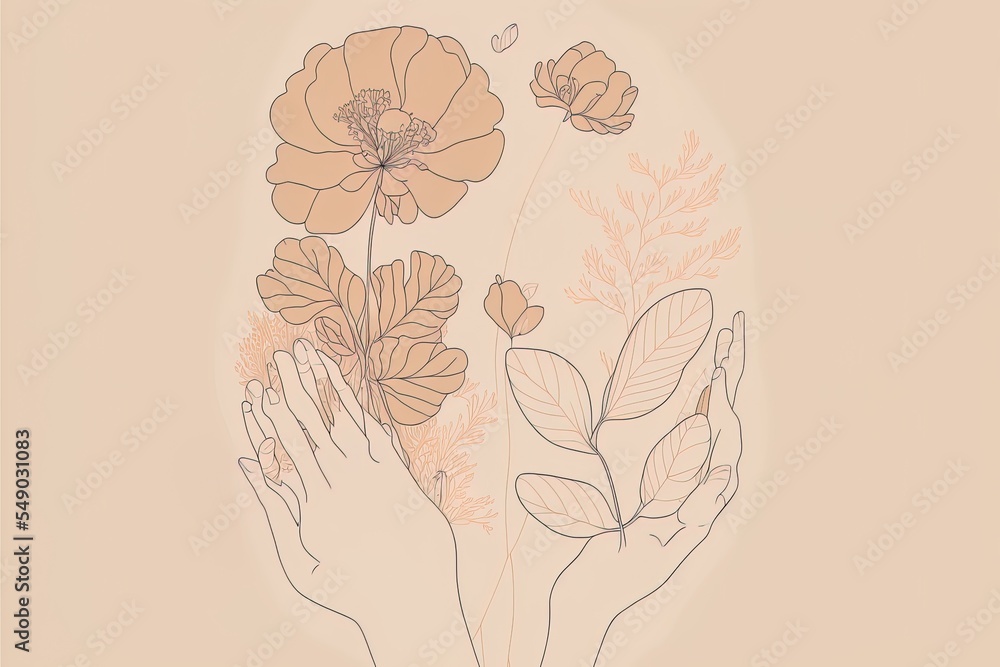 Minimal Line Art Hands 2D Illustrated Floral Beige Pastel Aesthetic ...