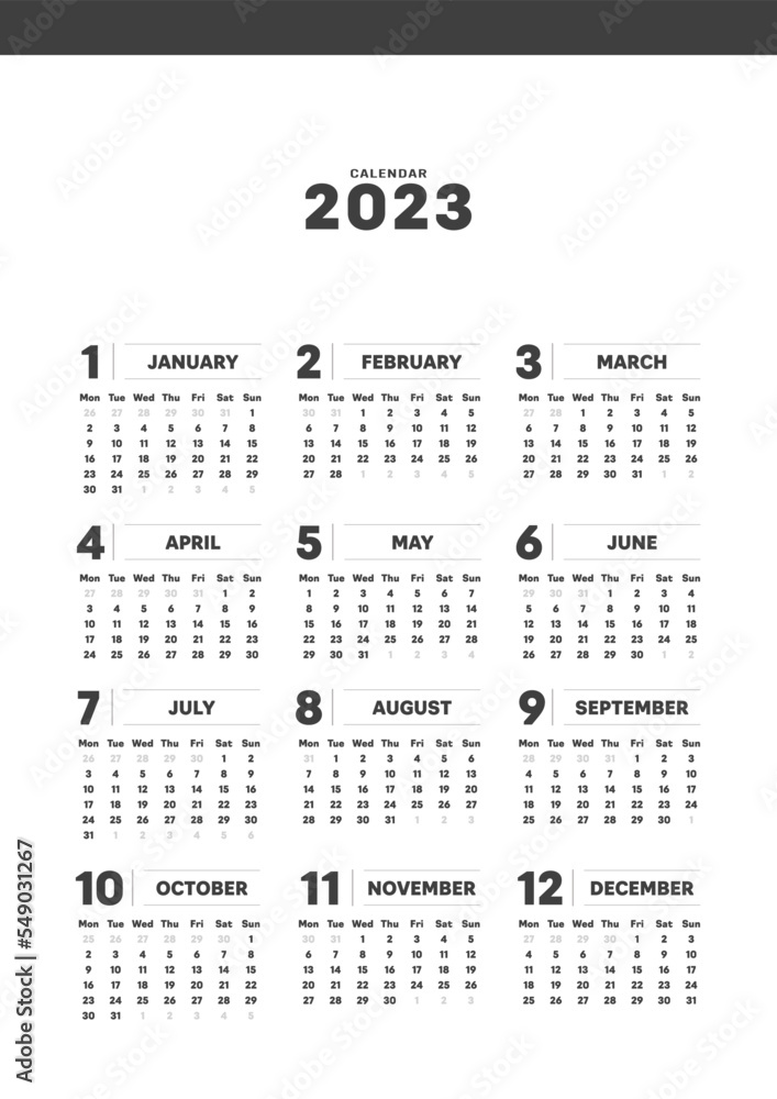 2023年のシンプルな年間カレンダー - 月曜始まり・12ヶ月・1年分の暦 - A4比率・縦
2023年のシンプルな年間カレンダー - 月曜始まり・12ヶ月・1年分の暦 - A4比率・縦