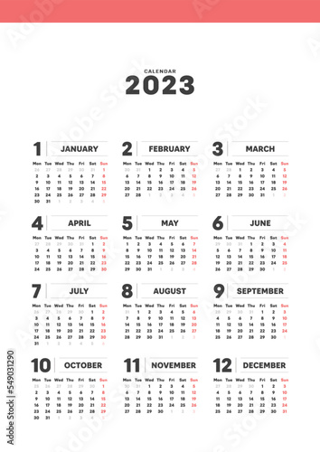 2023年のシンプルな年間カレンダー - 月曜始まり･12ヶ月･1年分の暦 - A4比率･縦

