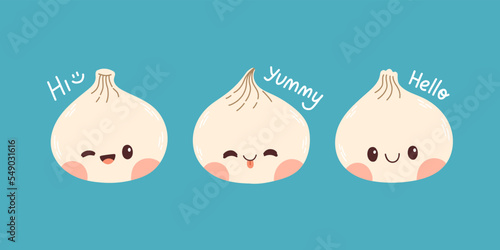 Cute cartoon dumplings vector drawing. Traditional Japanese dumplings with funny smiling faces. Kawaii asian food vector