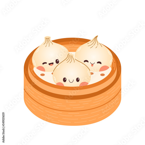 Cute cartoon dumplings vector drawing. Traditional Japanese dumplings with funny smiling faces. Kawaii asian food vector