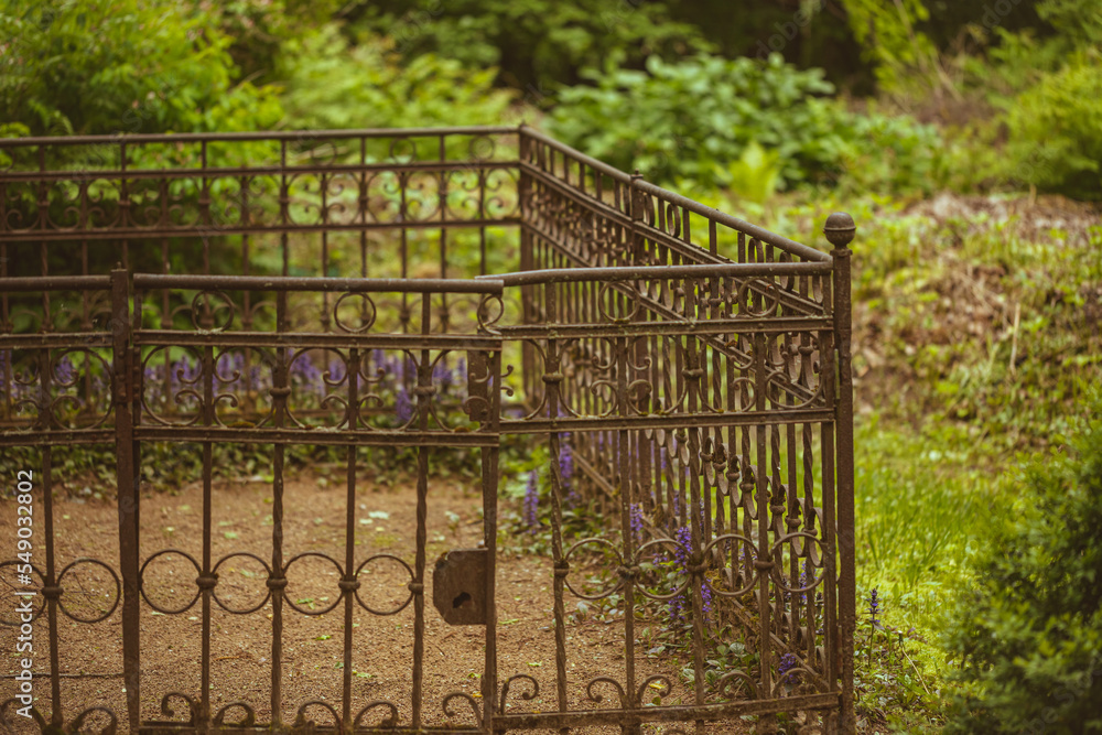 Focus on a rusted, wrought iron fence in a large, forested cemetery plot in Latvia Focus on a rusted, wrought iron fence in a large, forested cemetery plot in Latvia