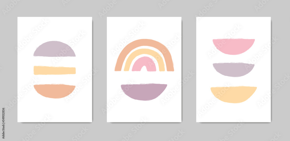 Set of abstract posters with primitive shapes.