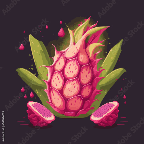 Red Dragon fruit Tropical Summer Juice Hand Drawn Vector illustration