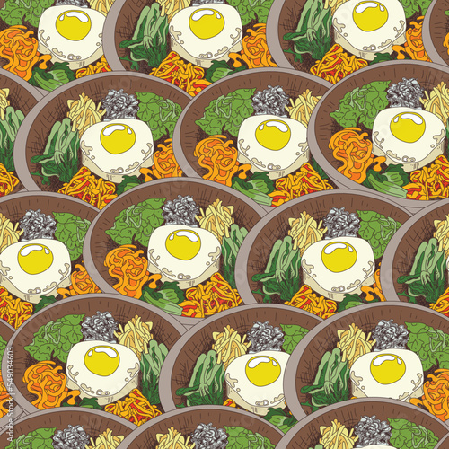 hand drawn korean food Bibimbap illustration. seamless pattern bibimbap recipe. Traditional Korean dish Bibimbap with fried egg, squid, shrimp, cucumber, soy sprouts and seaweed. Asian food background