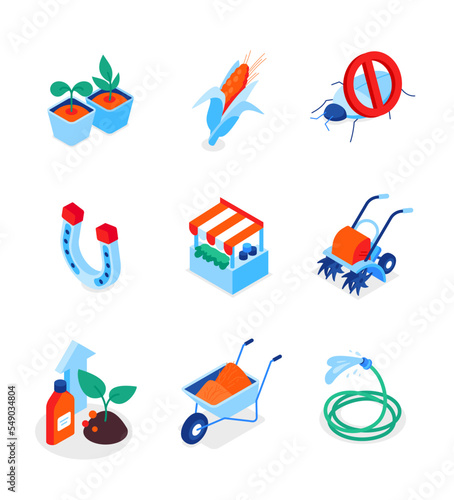 Gardening and cultivation - modern colorful isometric icons set