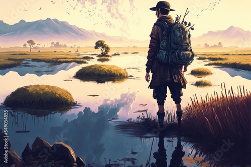 Traveler looking for last lake in apocalypse world. a dry land. sci-fi. fantasy scenery. concept art.