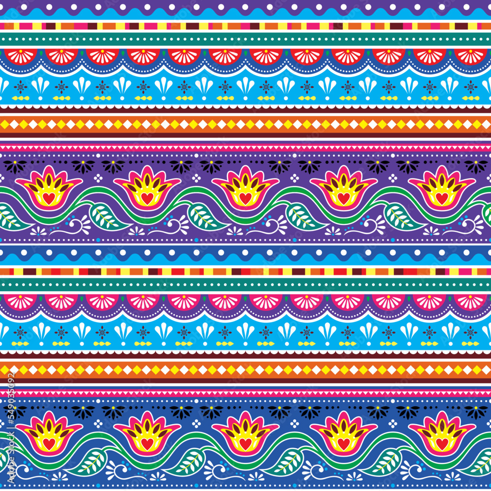 Pakistani truck art vector seamless textile or wallpaper pattern, Indian Diwali traditional floral design with flowers, leaves and abstract shapes in blue and purple
 
