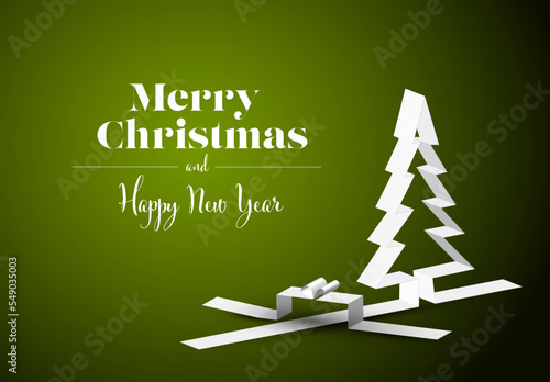 Merry Christmas card with a white tree and gift box made from paper stripes