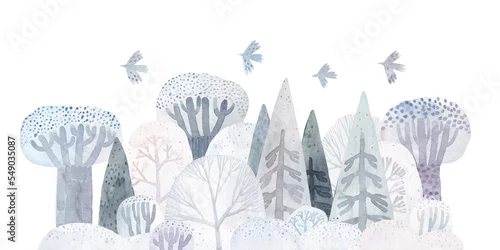 Obraz Piękny zimowy las. Pokryte śniegiem drzewa, jodły, krzewy, zaspy śnieżne. Akwarela