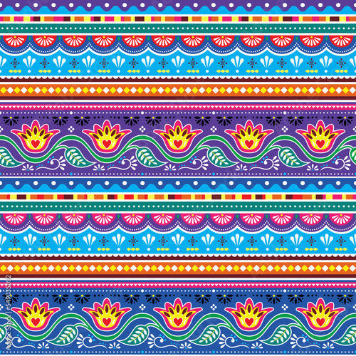 Pakistani truck art vector seamless textile or wallpaper pattern, Indian Diwali traditional floral design with flowers, leaves and abstract shapes in blue and purple 