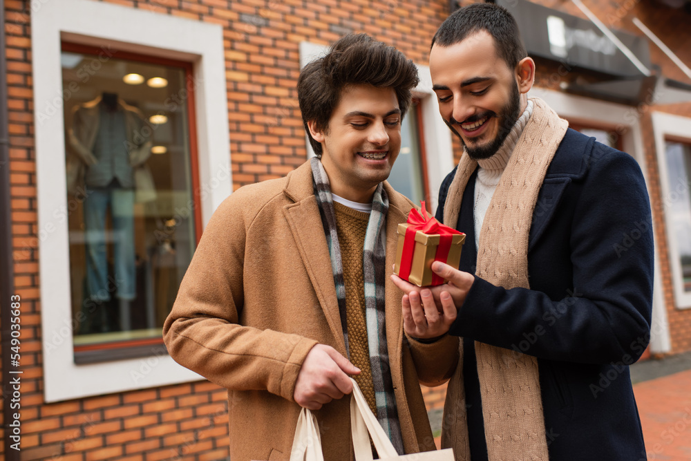 young gay man with shopping bag holding gift box near happy