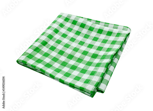 Green kitchen folded napkin, picnic cloth isolated. Gingham towel.
