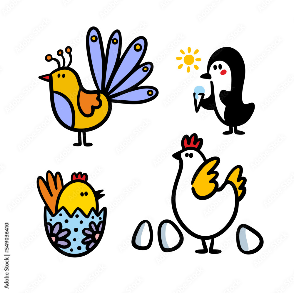Fototapeta premium Funny doodle birds collection hand drawn in cartoon style.