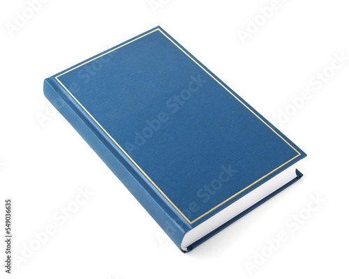 Dark blue book isolated on white background. Blank book cover with place for text or image.