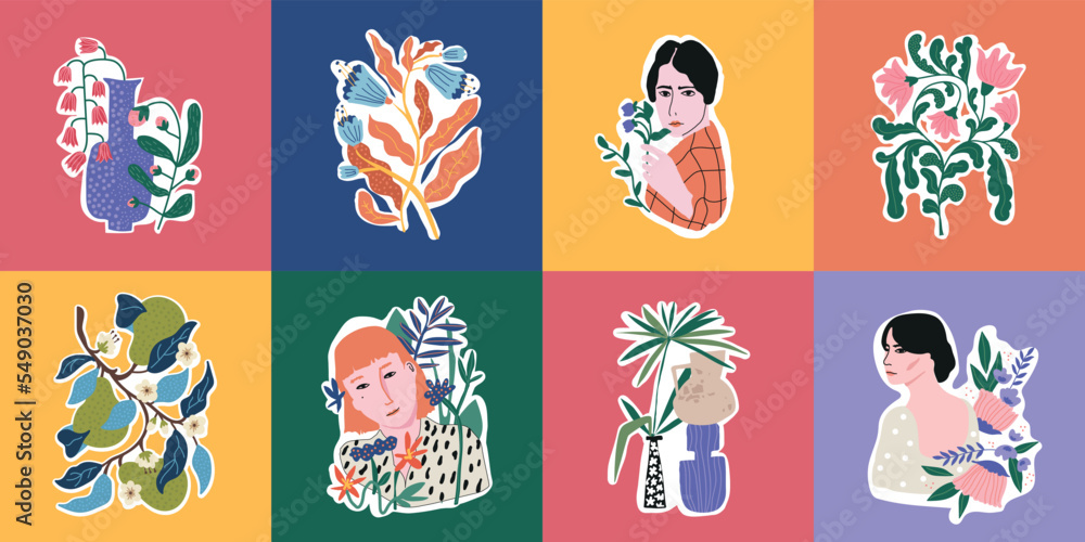 Aesthetic collection of hand drawn vector illustrations. Woman silhouettes, leaves, botanicals for brand identity, logo design