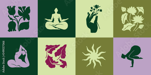 Yoga poses and floral illustrations. Hand drawn collection of botanicals and woman doing yoga. Matisse style illustration set.